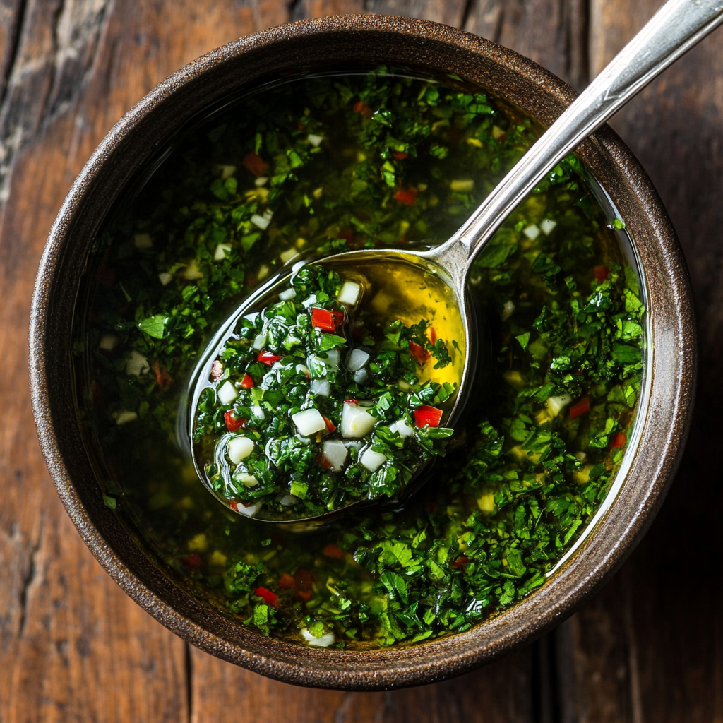 Homemade chimichurri for steak chimichurri dense bean salad in a glass bowl