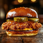 pickle glaze chicken sandwich Popeyes style on brioche bun