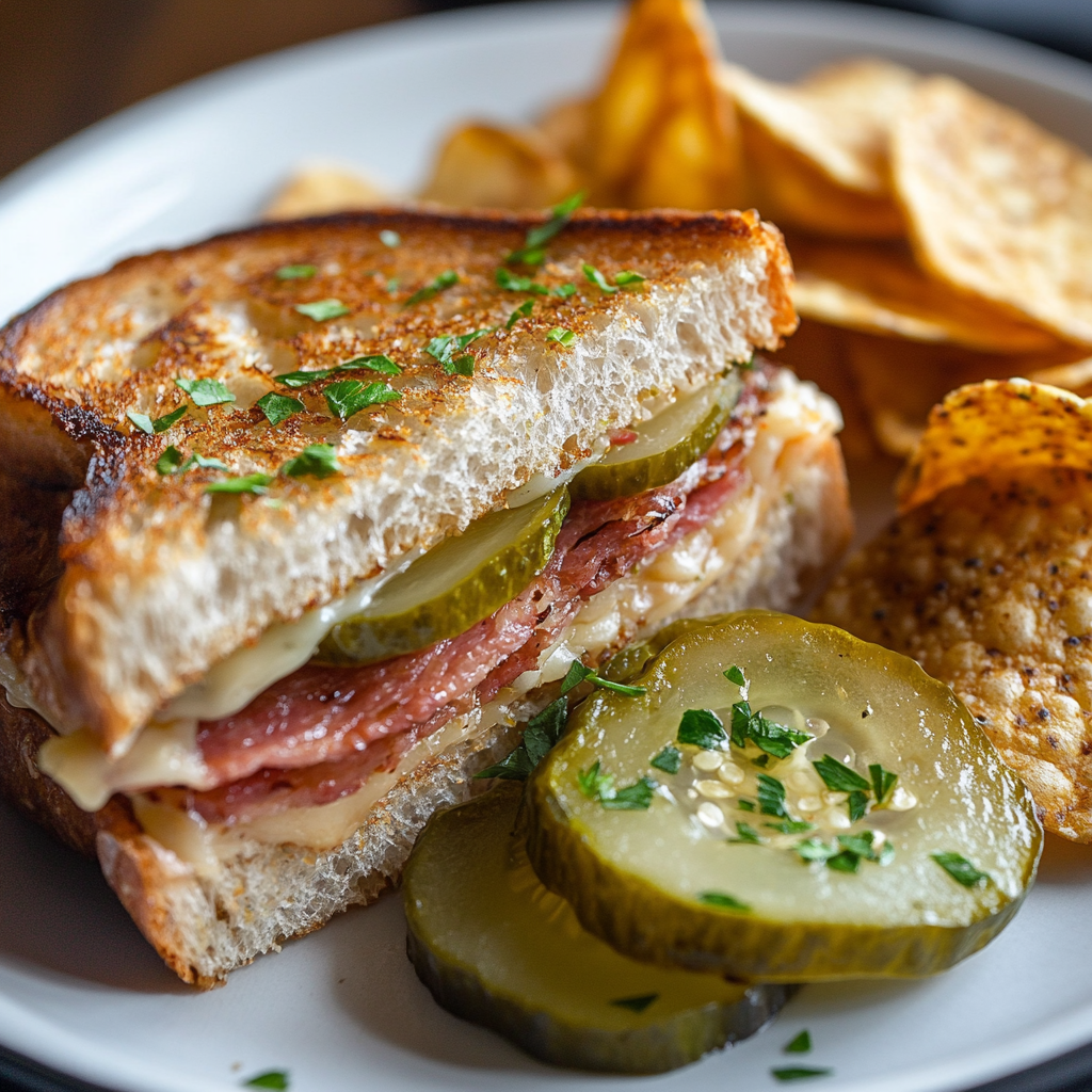 served pickle sandwich on plate