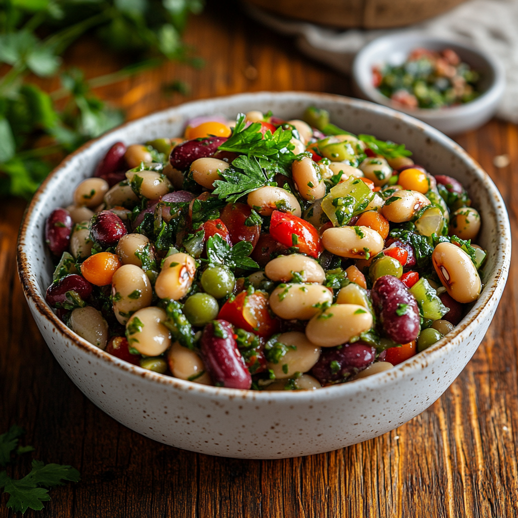 Chimichurri dense bean salad in rustic white bowl