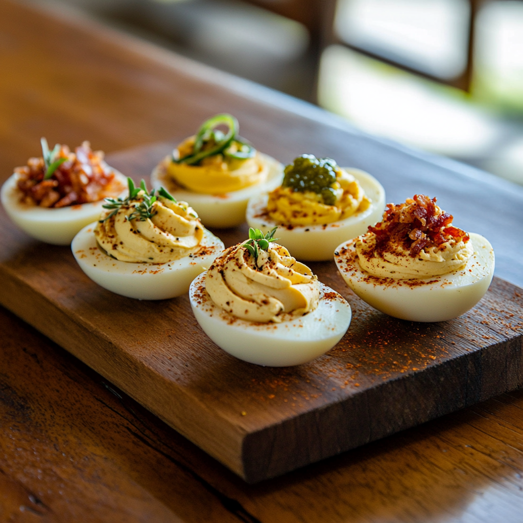 Deviled egg flight near me on rustic board
