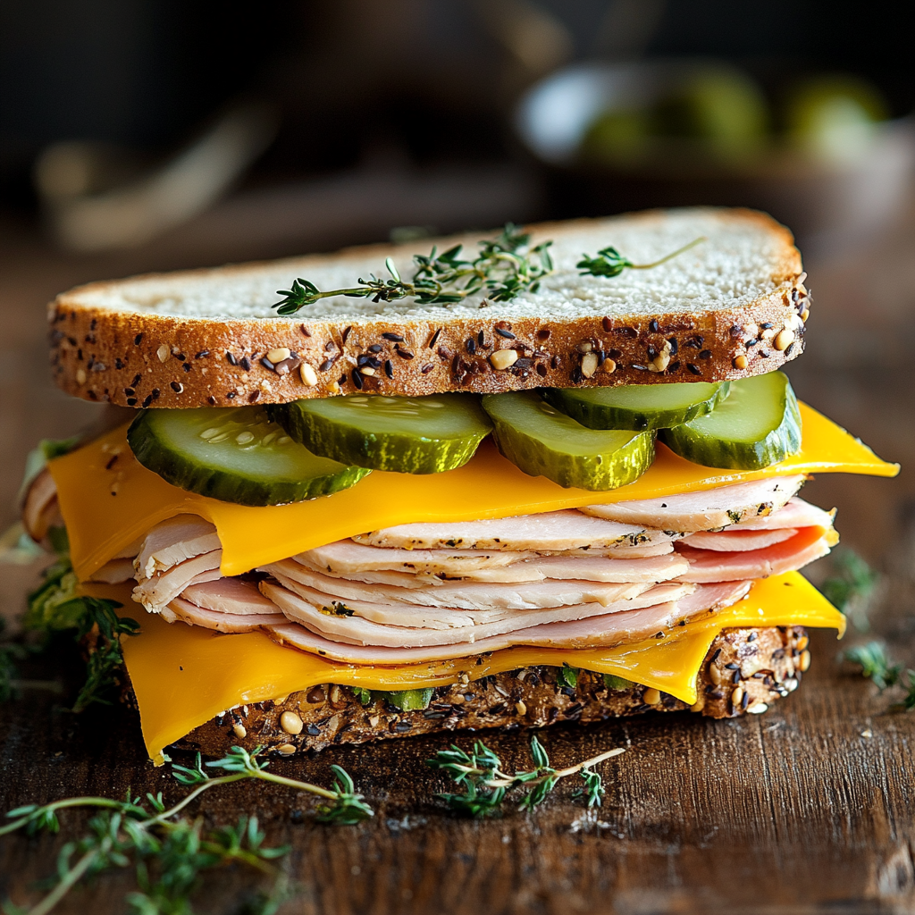 gourmet sandwich with pickle sandwich slices on wooden table