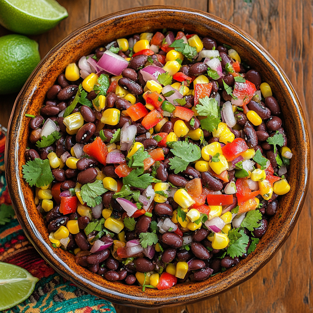 mexican dense bean salad in rustic bowl with colorful veggies