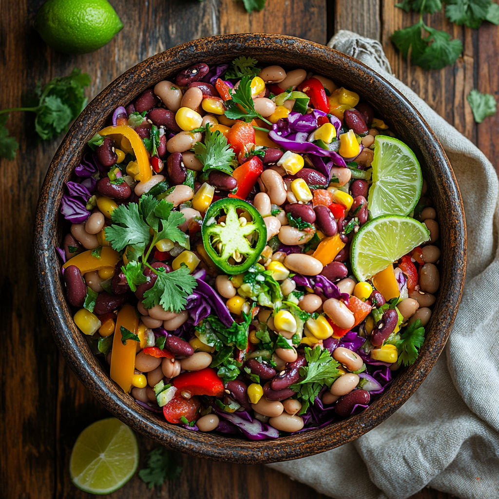Southwest dense bean salad in a rustic bowl with vibrant vegetables