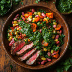 Alt Text: Steak chimichurri dense bean salad served in a rustic bowl with grilled steak and green sauce