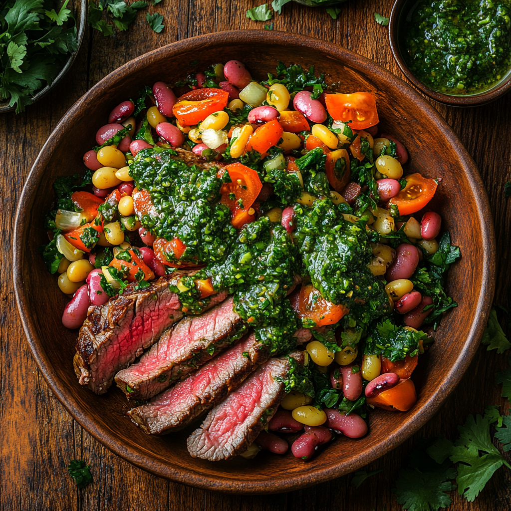 Alt Text: Steak chimichurri dense bean salad served in a rustic bowl with grilled steak and green sauce