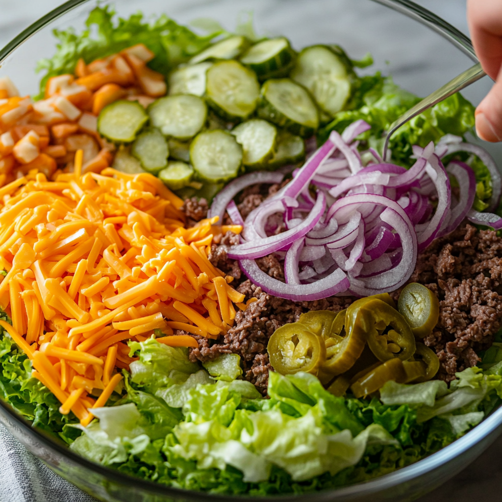 assembling big mac salad layers