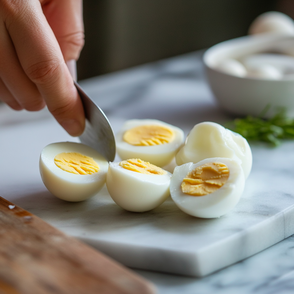 Preparing boiled eggs for deviled egg flight