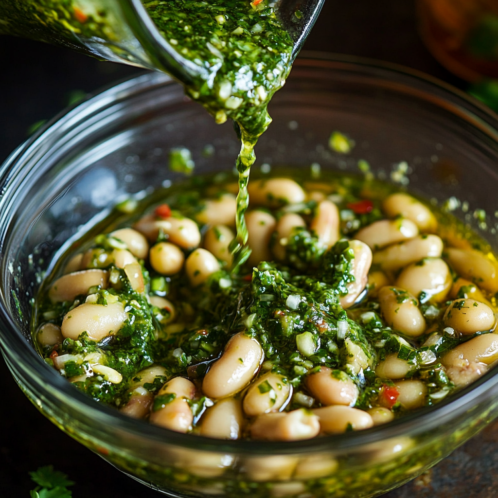 Pouring chimichurri onto dense bean salad