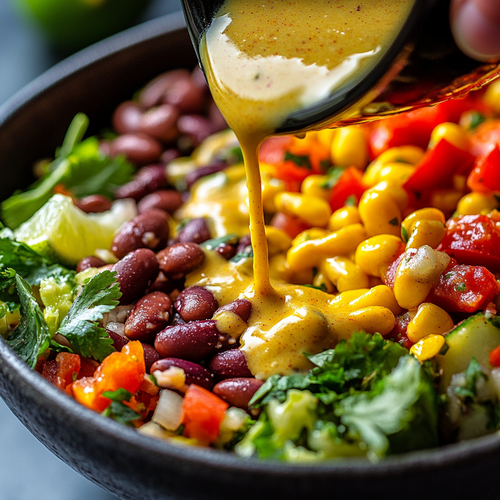 pouring dressing on mexican dense bean salad