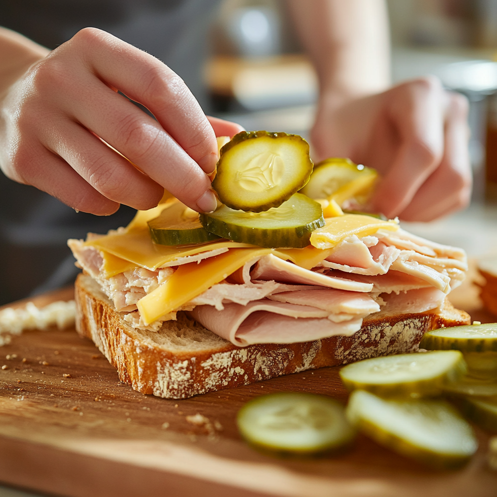 layering pickle slices on sandwich