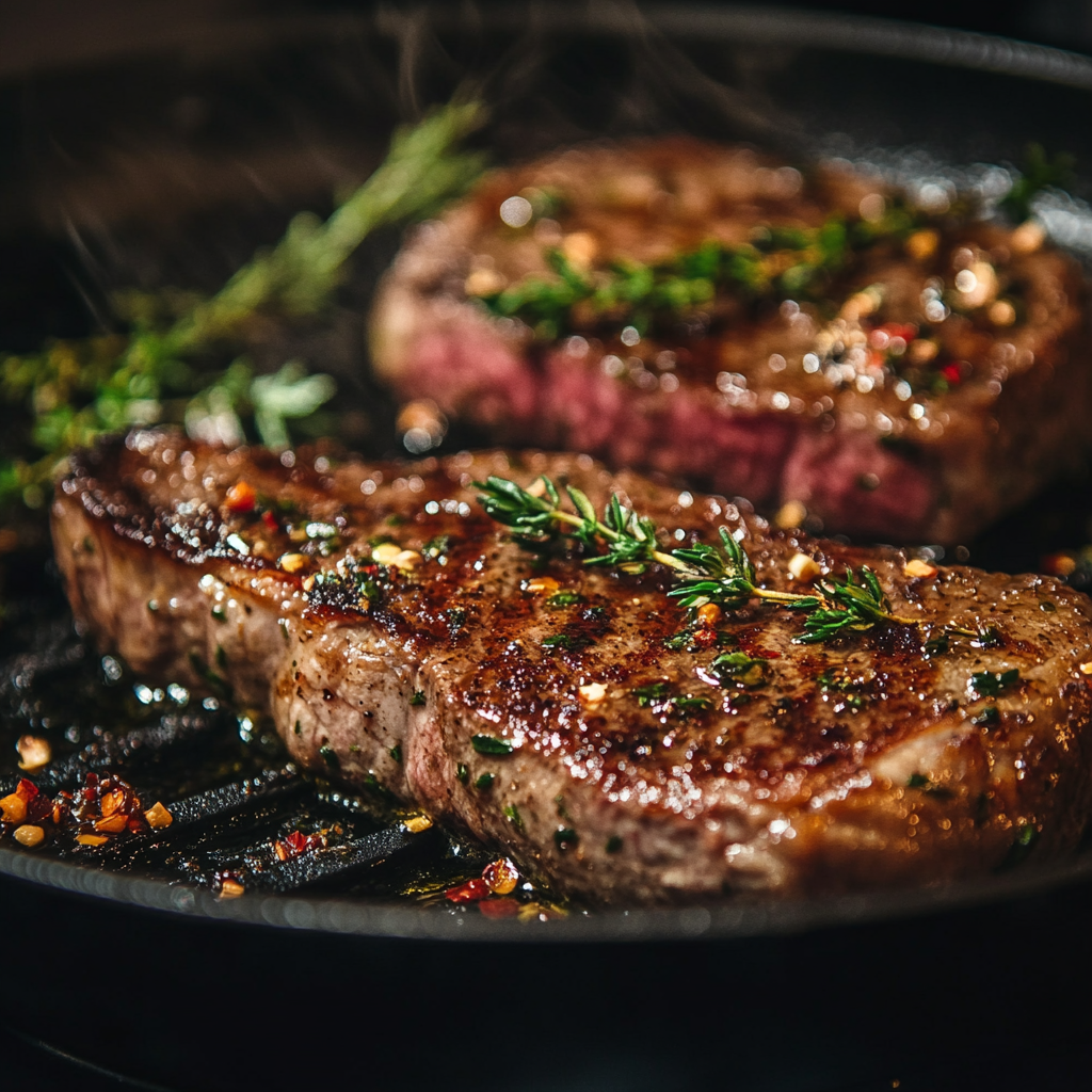 Grilled steak for steak chimichurri dense bean salad sizzling on cast iron