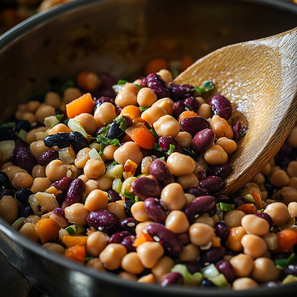 Mixing beans for chimichurri dense bean salad