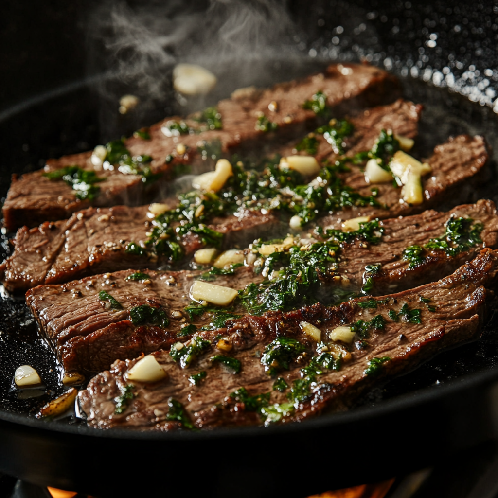 Searing skirt steak in cast-iron skillet for salad