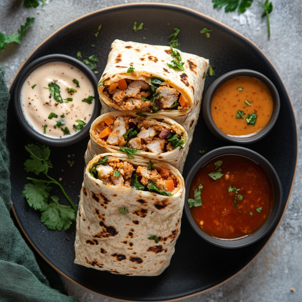 Protein wraps served on plate with dips