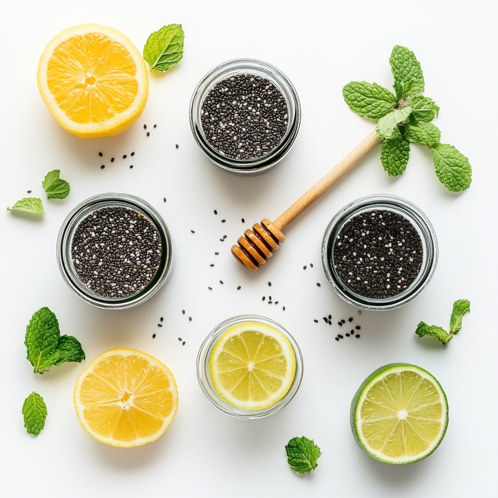 chia water ingredients flat lay