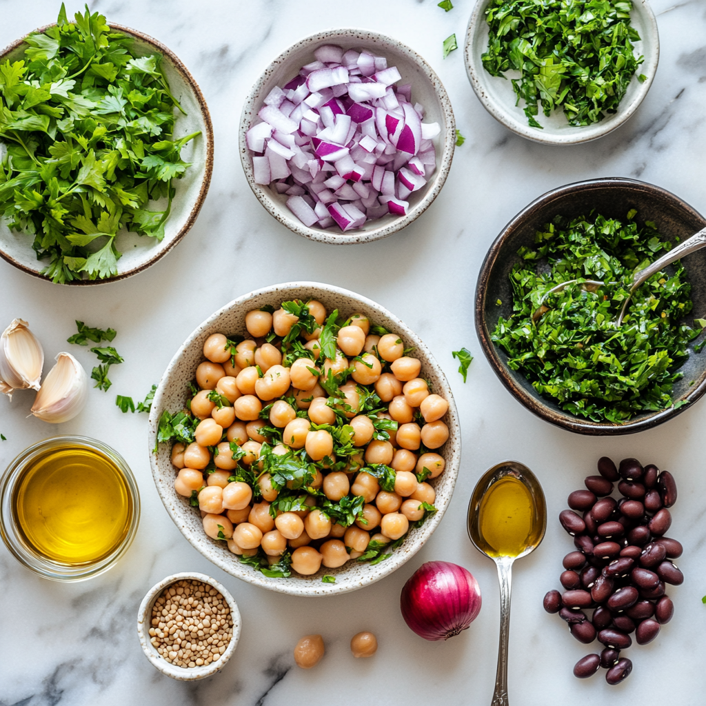 Chimichurri dense bean salad ingredients on marble counter