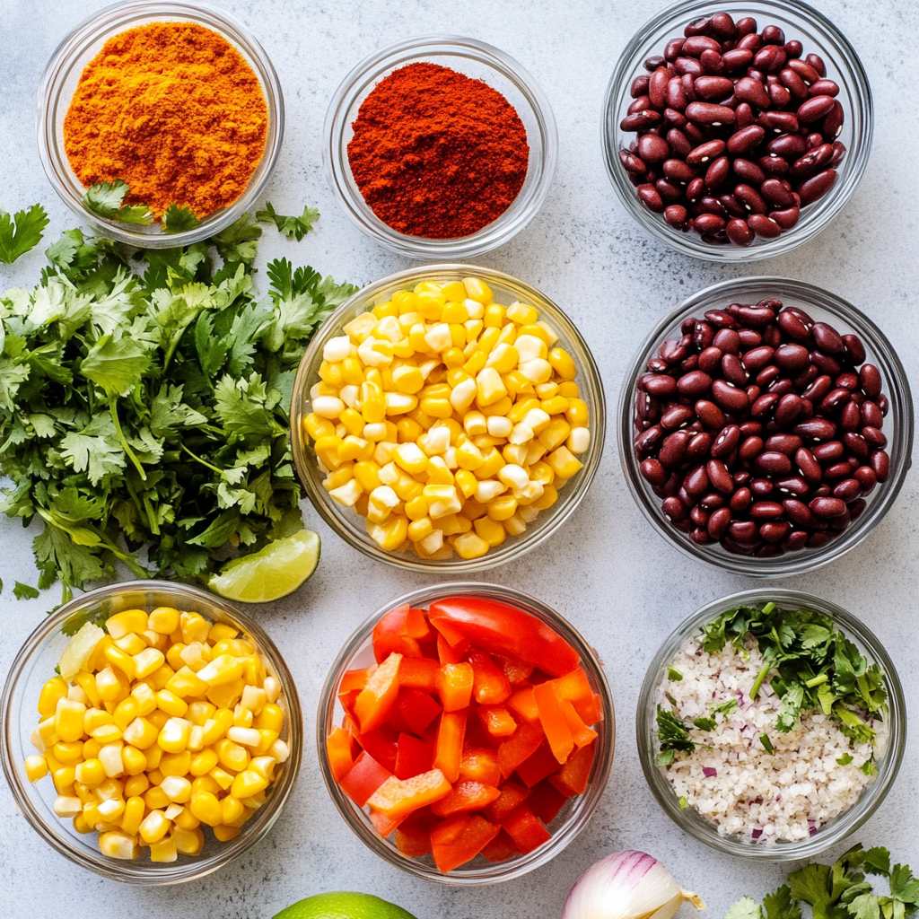 ingredients for mexican dense bean salad on counter