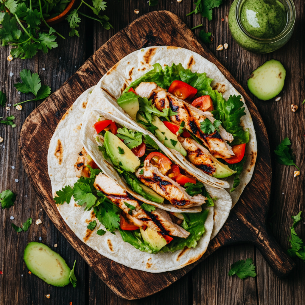 Protein tortilla wraps on wooden board