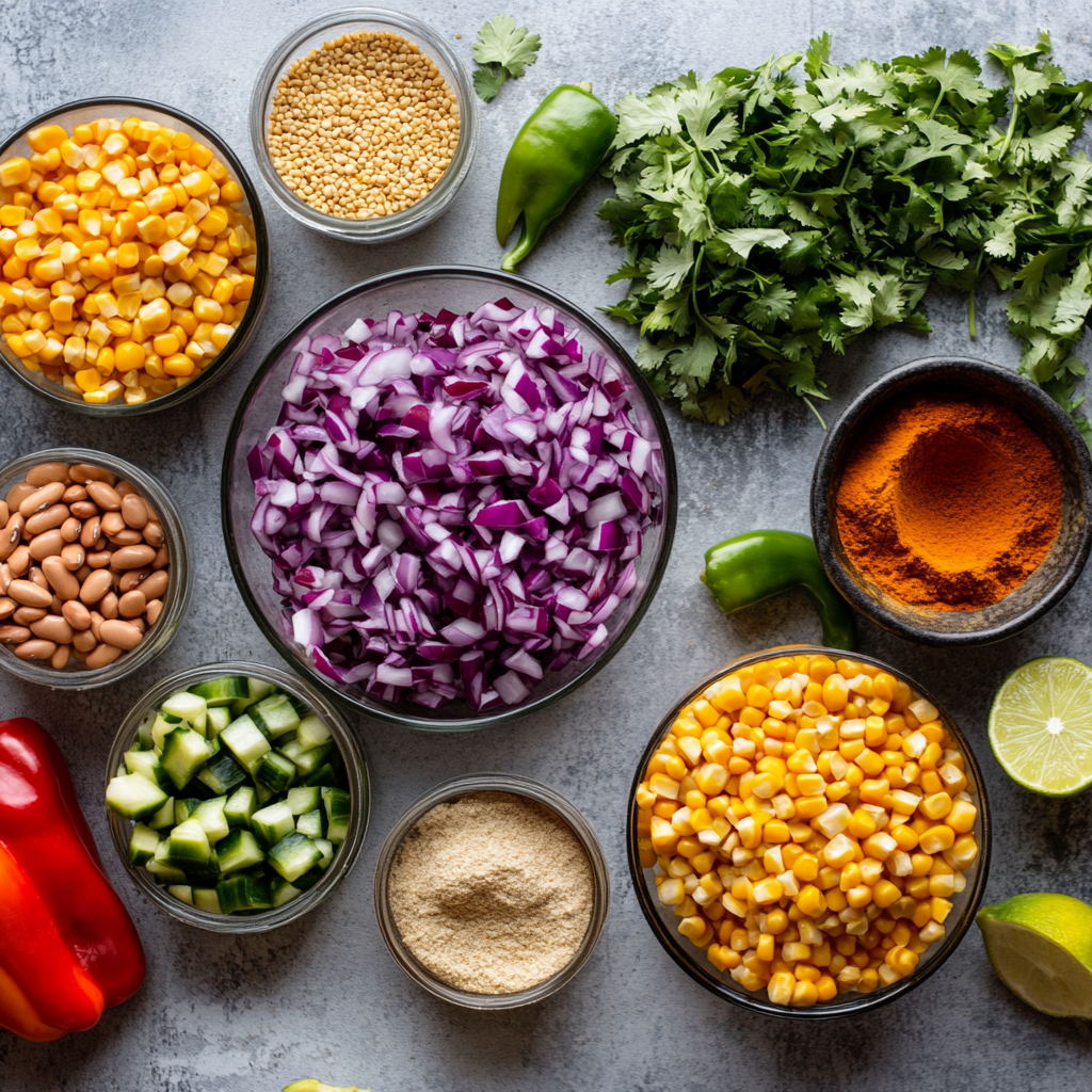 Ingredients for southwest dense bean salad laid out on kitchen counter