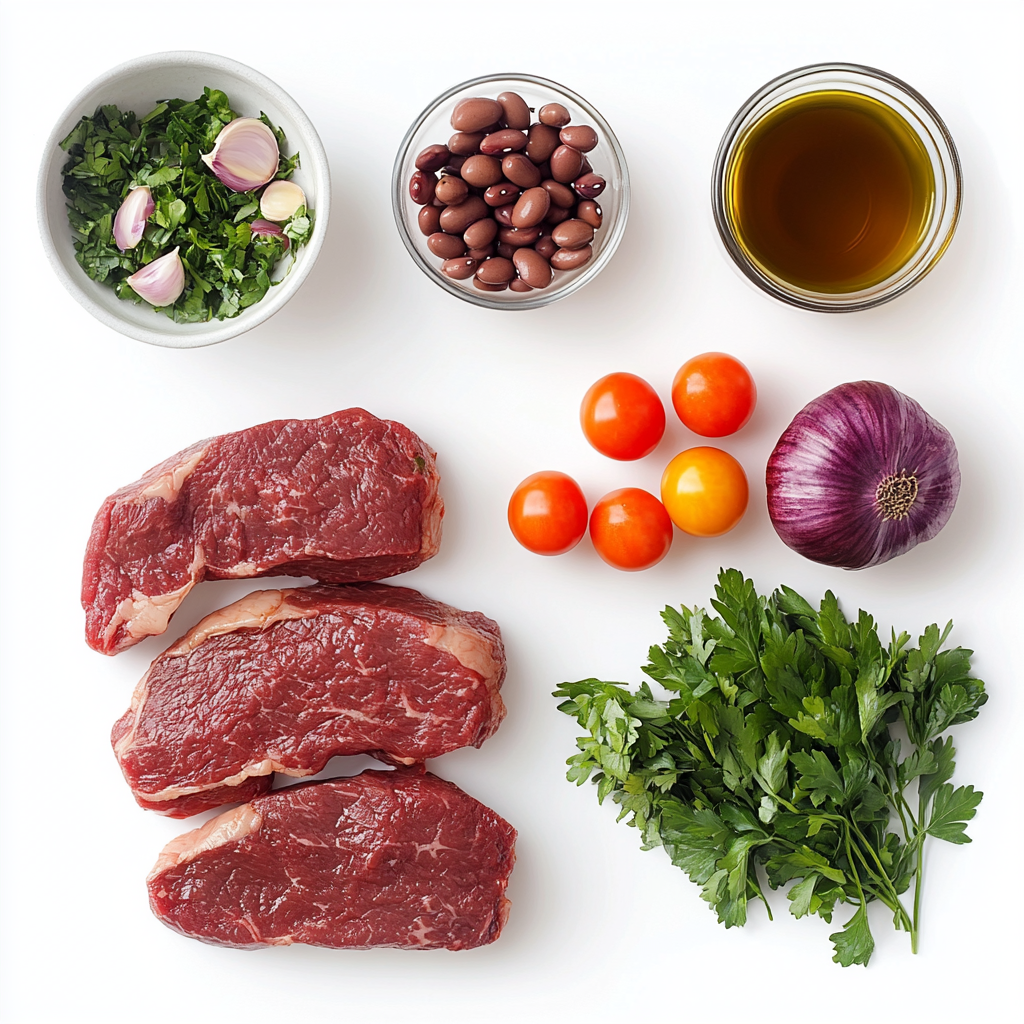 Raw ingredients for steak chimichurri dense bean salad including steak, parsley, garlic, and mixed beans