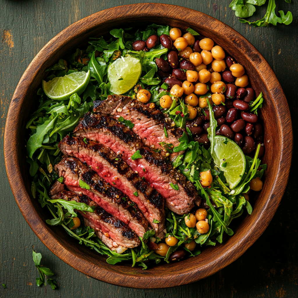 Steak dense bean salad in a wooden bowl with lime wedges