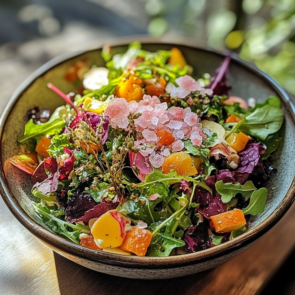pink salt on plated gourmet salad