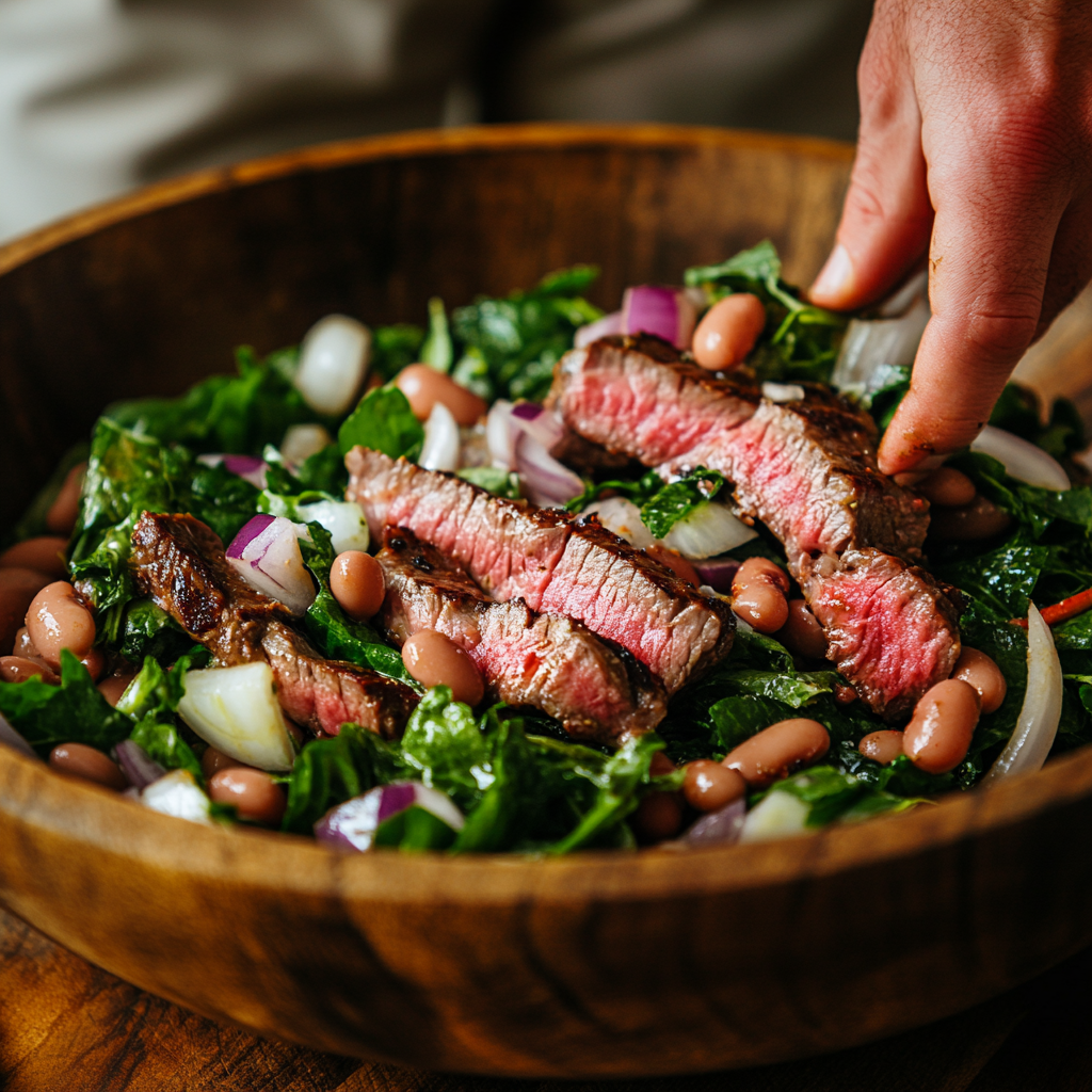Tossing steak and beans with greens in salad bowl