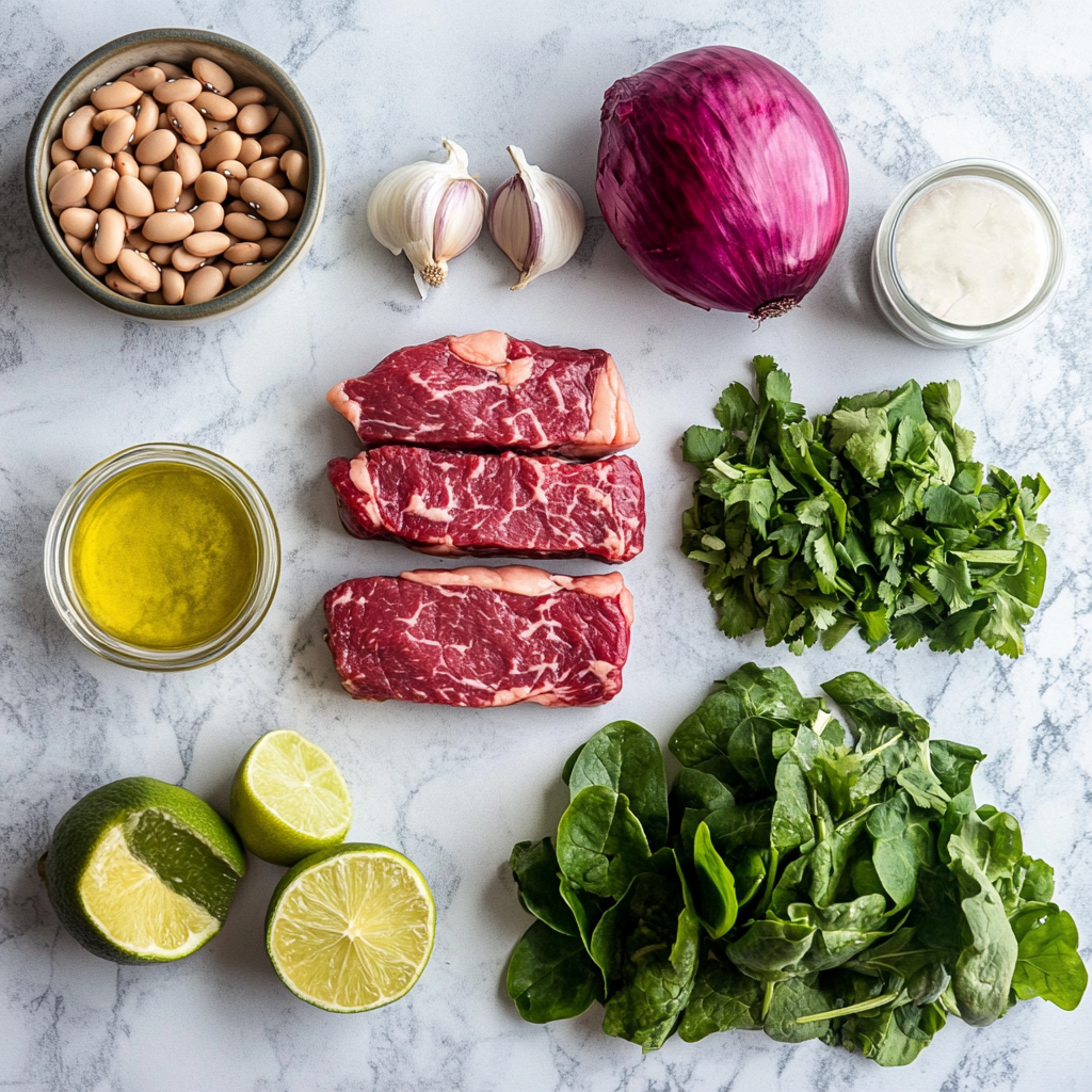 Ingredients for steak dense bean salad on a kitchen counter