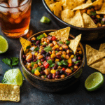 served mexican dense bean salad with chips and lime