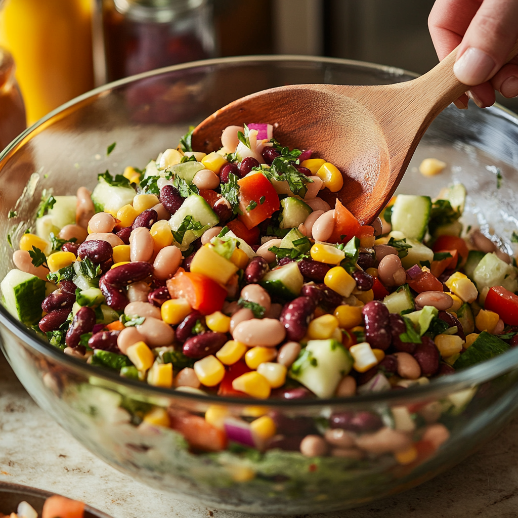 Tossing southwest dense bean salad in a large bowl