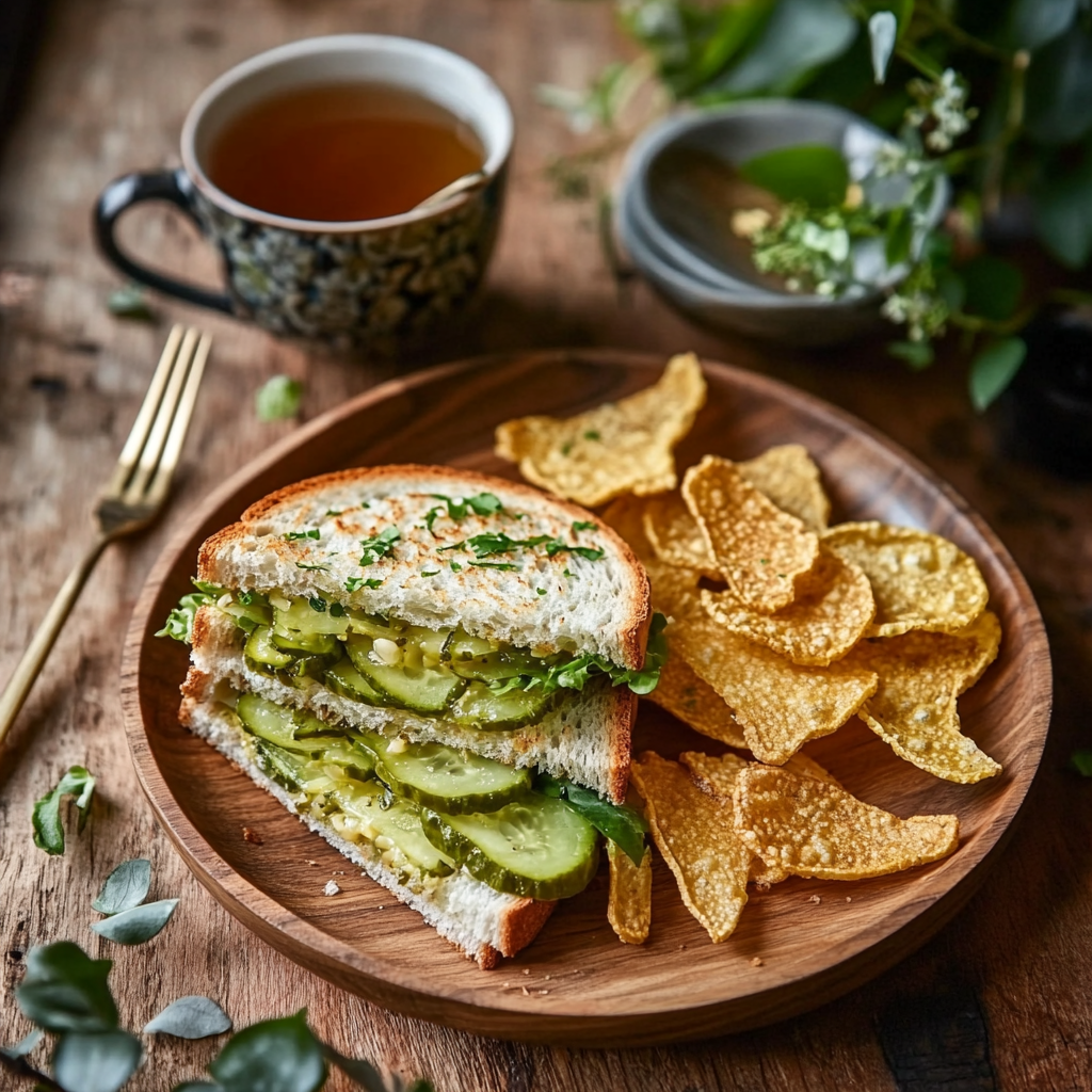 Pickle sandwich served with tea and crisps