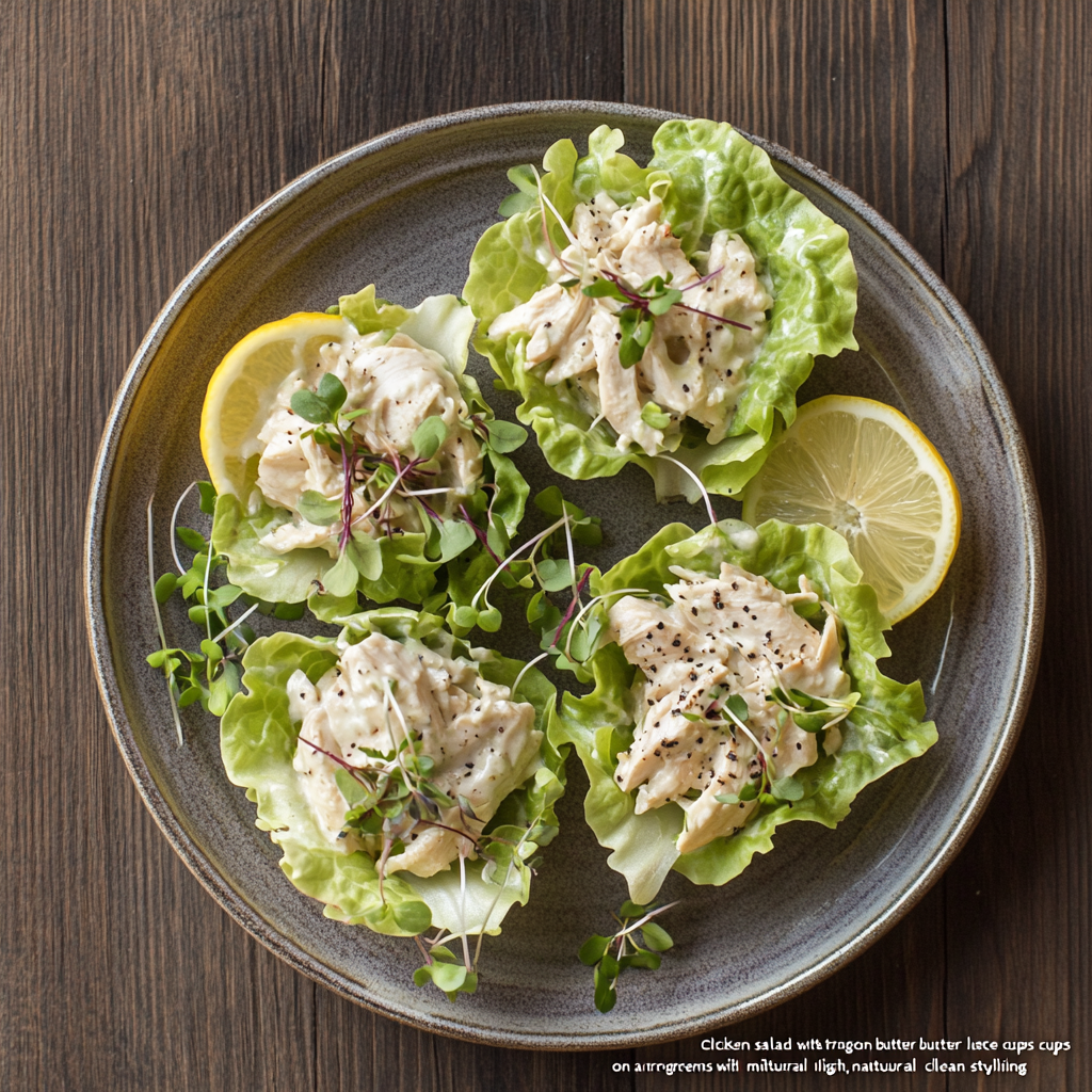Chicken salad with tarragon in lettuce cups on ceramic plate