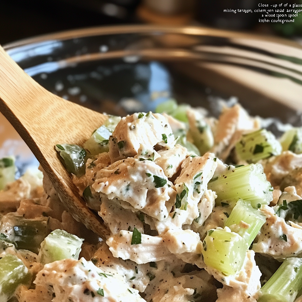 Stirring creamy chicken salad with tarragon in a bowl