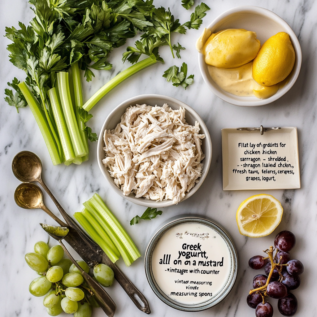 Ingredients for chicken salad with tarragon on a marble surface