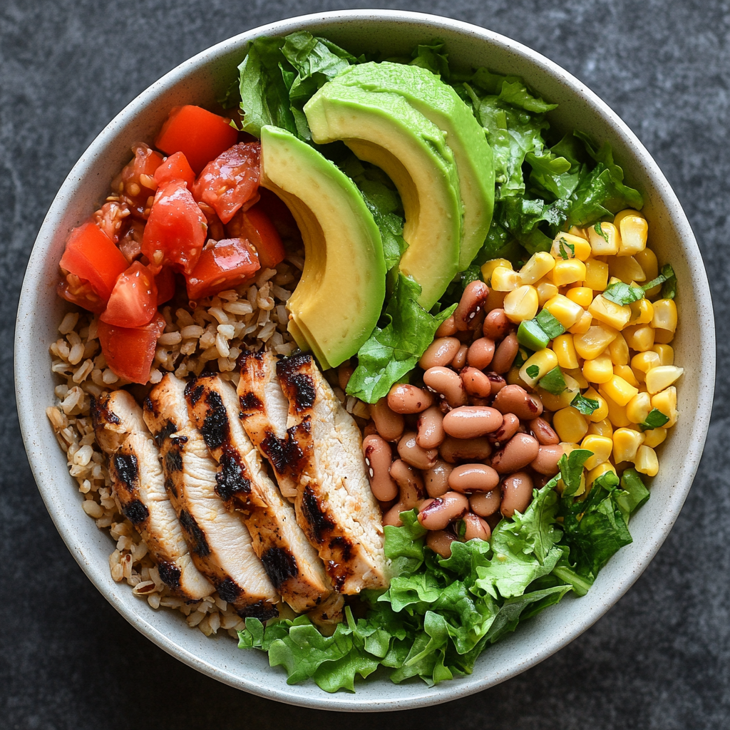 Assembling a high protein chicken burrito bowl