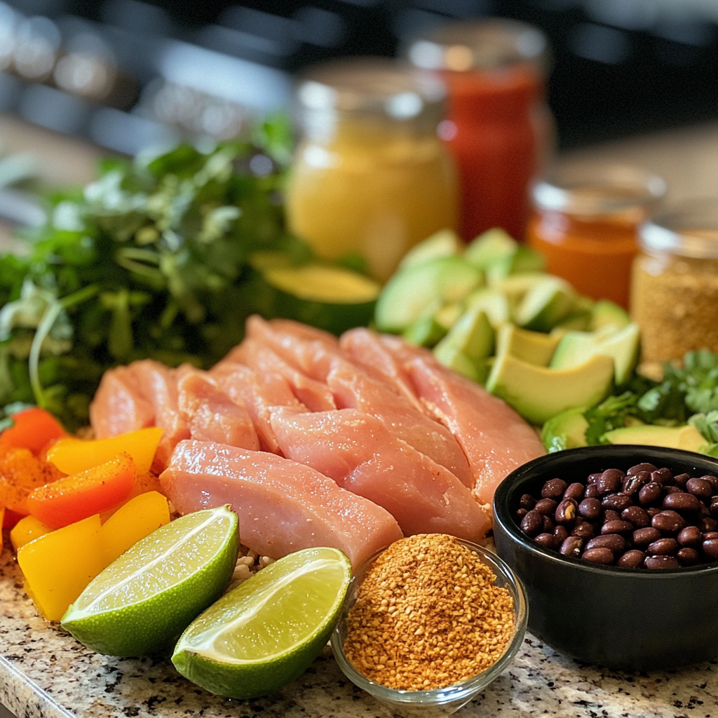 Ingredients for high protein chicken burrito bowl