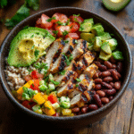 High protein chicken burrito bowl with colorful toppings