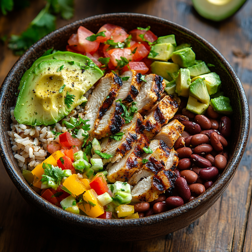 High protein chicken burrito bowl with colorful toppings